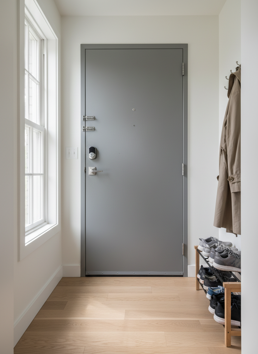 En lukket, grå hoveddør med enkel metalhåndtag ses indefra en lille entré. Døren er tydeligt robust, med flere låse, men omgivet af lyse vægge og et rent, ryddeligt gulv i lyst træ. Ved siden af døren står en enkel skoreol med pænt opstillede sko, og en neutral frakke hænger på en krog, kun delvist i billedet. Blødt, naturligt dagslys siver ind gennem et sidesprossevindue og skaber rolige, lange skygger hen over gulvet. Fotorealistisk, let vidvinkel i øjenhøjde, komposition efter tredjedelsreglen, der giver en stemning af både indespærring og beskyttelse, kontrol og grænser på samme tid.